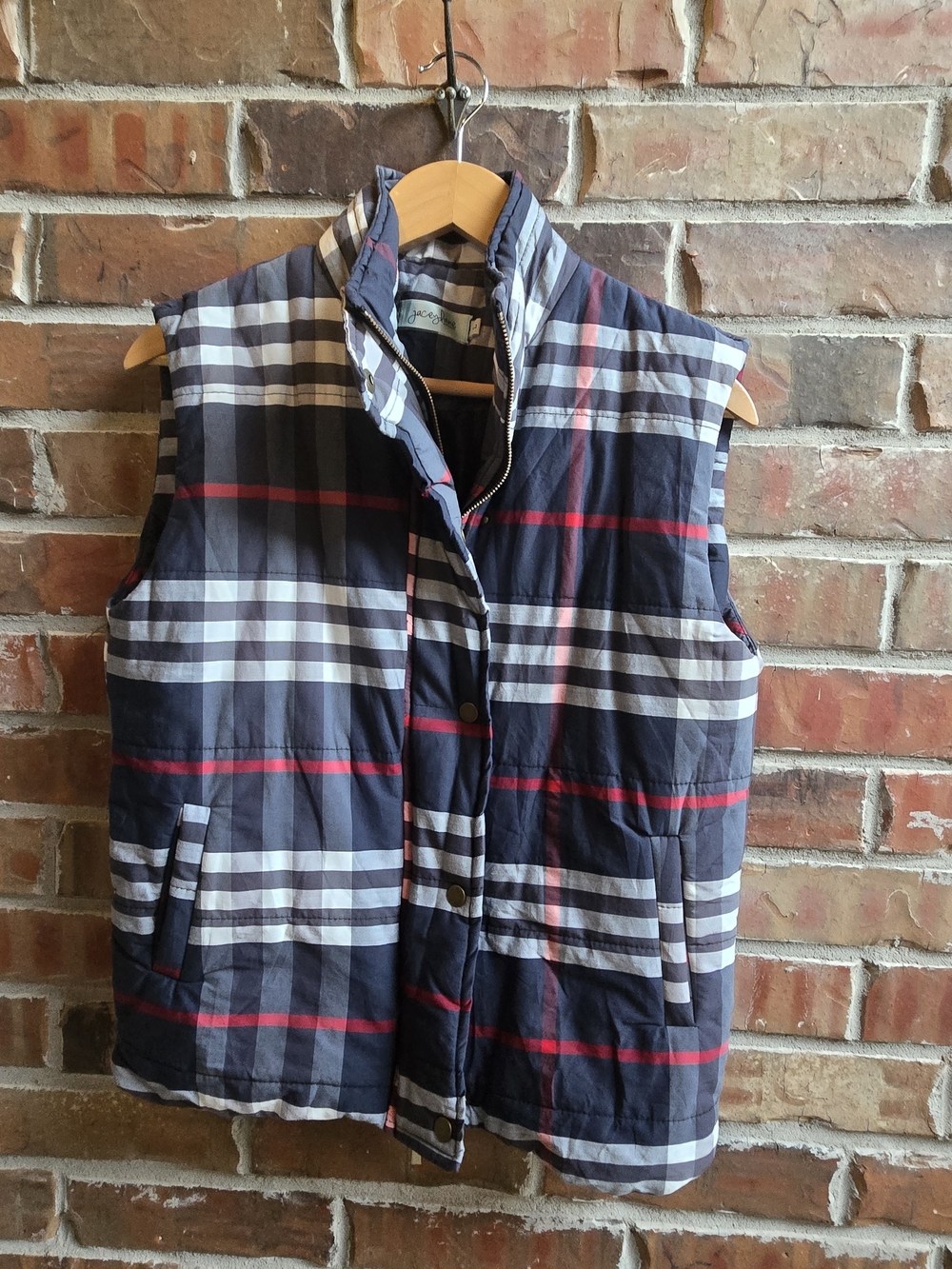 Women's Quilted Plaid Puffy Vest - Navy, Red & White Warm Classy Layering